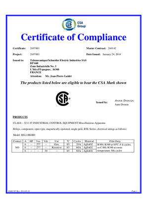 CSA Certificate RSL1